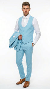 Men’s Turquoise Light blue Suit, Vested Formal Dress Suit for Weddings, Prom, Summer Parties, and Special Occasions in Aqua Blue Color By Rossiman