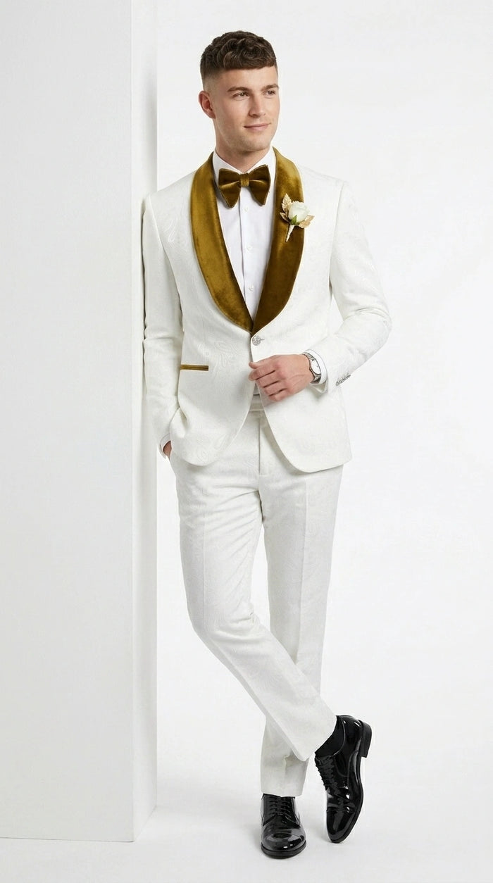 Men’s White Paisley 3 Piece With Vest Prom Tuxedo with Gold Velvet Shawl Lapel, Formal Wedding Suit Set