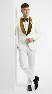Men’s White Paisley 3 Piece With Vest Prom Tuxedo with Gold Velvet Shawl Lapel, Formal Wedding Suit Set