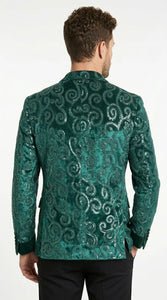 Men’s Emerald Green Paisley Tuxedo Dinner Jacket with Black Lapel, Formal Prom Wedding Party Blazer