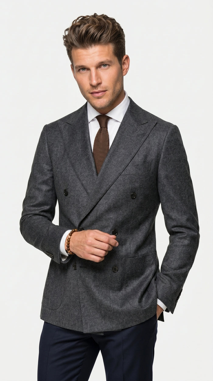Men’s Charcoal Double Breasted Blazer, Formal Wedding Business Casual Sport Coat Jacket Wool Fabric