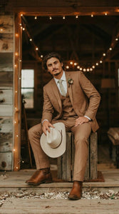Mens Camel Brown Copper Western 3 Piece Suit – Classic Country Style Blazer Vest Pants Set, Formal Cowboy Suit Outfit