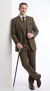 Men’s Edwardian Brown Plaid 3-Piece Suit – Vintage Double-Breasted Vest Wedding and Formal Suit