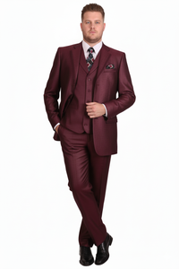 Men’s Burgundy 3-Piece Suit – Burgundy Three Buttons Vested Suit - Pleated Pants Classic Fit Athletic Cut