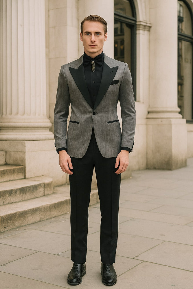 Silver Metallic Tuxedo Suit with Black Satin Peak Lapel – Mens Slim Fit Formal Wedding and Prom Attire in Charcoal Grey With Pants