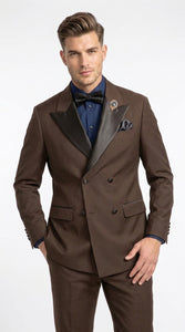 Men’s Brown Double Breasted Tuxedo – Satin Peak Lapel Formal Wedding & Prom Suit
