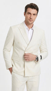 Men’s Ivory Cream Double-Breasted Linen Suit – Off-White Summer Wedding Slim Fitted 2-Piece Suit Cream Color