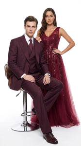 Tiglio Rosso Men’s Burgundy Wool Suit – Classic Fit Big Lapel Suit with Wide Leg Pleated Pants & Side Vents