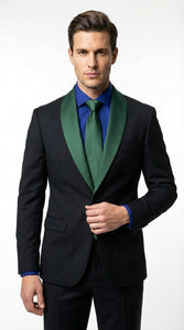 Men’s Black Suit with Hunter Green Shawl Lapel – Black and Hunter Green Formal Tuxedo Suit for Wedding, Prom With Bow Tie