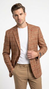 Vitali Men’s Rust Copper Brown Plaid Blazer with Tan Pants – Classic Windowpane, Business and Smart-Casual Birck color  Suit