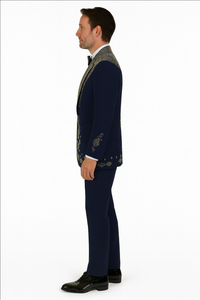 Men’s Navy Tuxedo with Gold Embroidery – Slim Fit Formal Dinner Jacket with Shawl Lapel