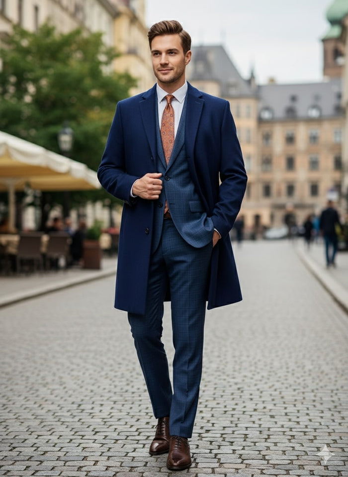 Mens Cobalt Blue Wool and Cashmere Car Coat Overcoat – Classic Winter Topcoat for Indigo Saphire Color (light Navy Dark Royal)