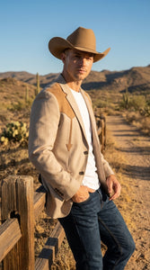 Men’s Khaki Western Blazer – Cowboy Sport Coat with Suede Yoke Detail
