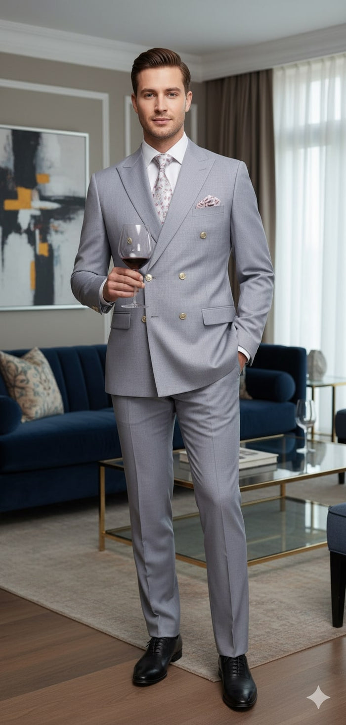 Mens Silver Grey Double-Breasted 3-Piece Suit – Classic Tailored Fit with Peak Lapel and Gold Buttons for Weddings, Church and Formal Events