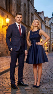 Men’s Navy Blue and Burgundy Checkered Two-Piece Suit Plaid Windowpane – Flat Front Pants or Pleated Wide Leg Pants - 100% Wool