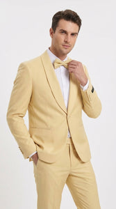 Men’s Light Yellow Shawl Lapel Tuxedo – Modern Wedding, Prom & Groom Formal Suit + Matching bowtie