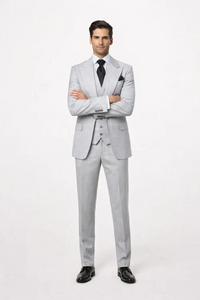 Suits With Baggy Pleated Pants - Wide Leg Pants 100% Wool - Classic Fit in Grey One Button 3 Piece Suit by Rossiman
