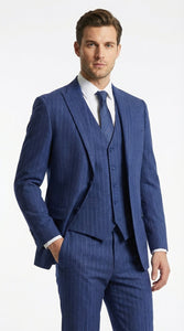 Men’s Cobalt Blue 3 Piece Suit – Indigo Light Blue Pinstripe Formal Suit with Vest for Wedding, Business Modern Fit Two buttons