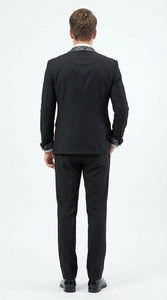 Mens Black and White Lapel Tuxedo Suit – Black Formal Tuxedo with White Pattern Lapel for Wedding, Prom and Evening Events