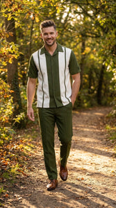 Men’s Olive Green and White Walking Suit – 2-Piece Short Sleeve Casual Leisure Outfit
