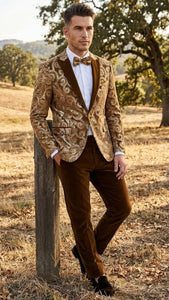 Men’s Goldish Light brown Tuxedo dinner Jacket Embroidered Blazer – Velvet Jacket for Formal Paisley Pattern Coffee Mocca Color