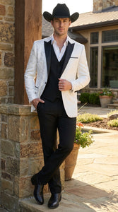 Men’s White Paisley Cowboy Tuxedo with Black Satin Lapel – Western Formal Wedding Suit Jacket