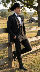 Black Western Tuxedo for Men | Classic Three Piece Formal Wedding Peak Lapel with Trim Collar Cowboy Suit