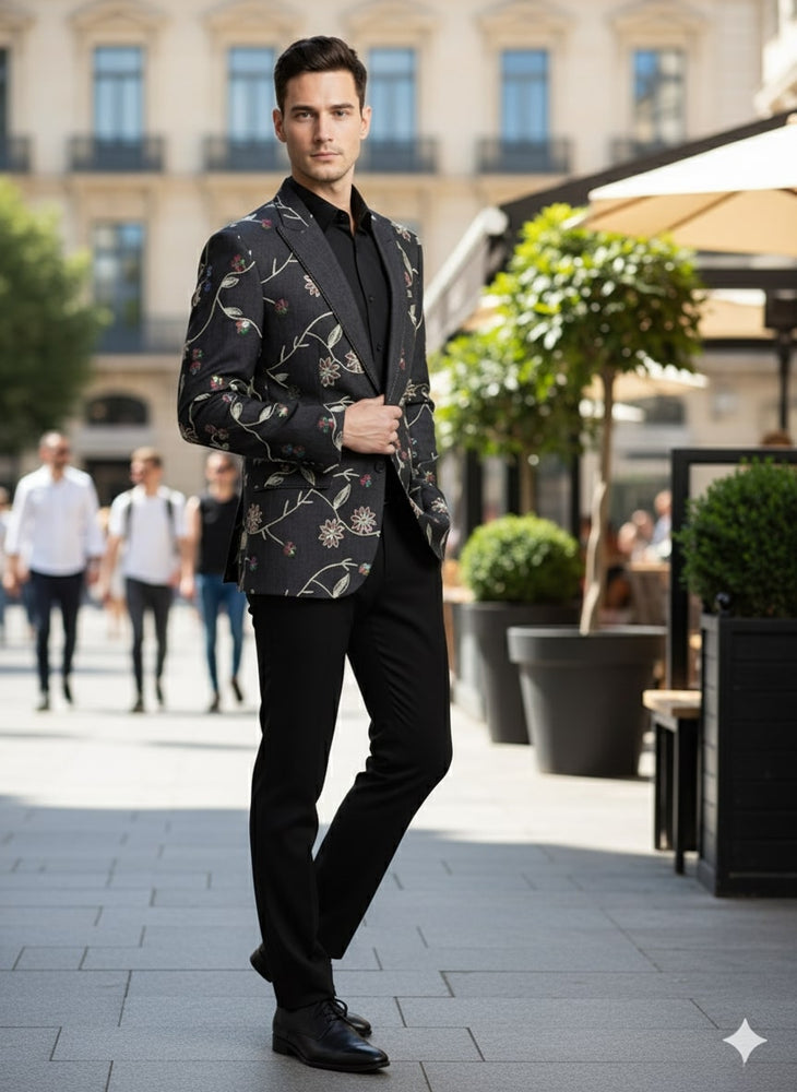 Luxury Black Floral Embroidered Blazer for Men – Designer Party and Wedding Wear Jacket