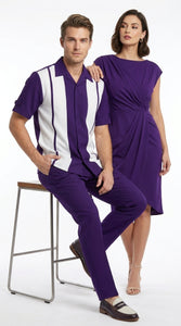 Men’s Purple and White Walking Suit – 2-Piece Short Sleeve Casual Leisure Outfit