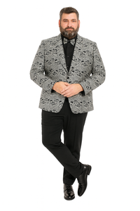 Men’s Black and Silver Paisley Tuxedo Jacket – Slim Fit Dinner Blazer with Matching Bow Tie with Black Pants