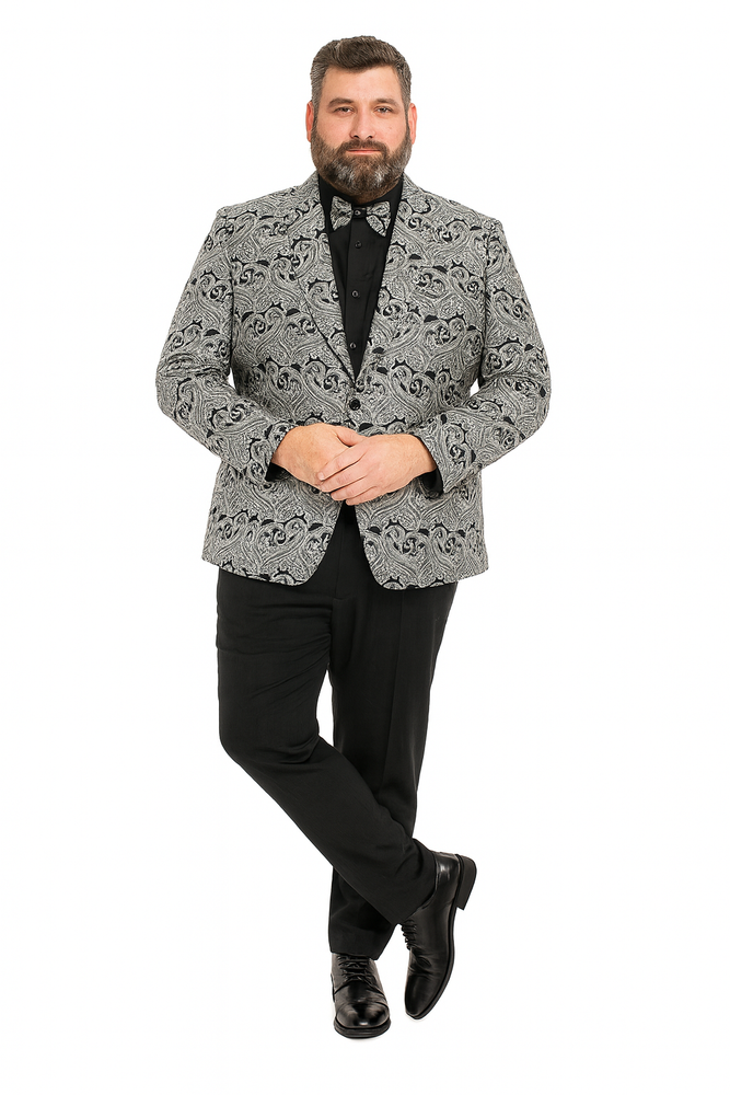 Men’s Black and Silver Paisley Tuxedo Jacket – Slim Fit Dinner Blazer with Matching Bow Tie with Black Pants