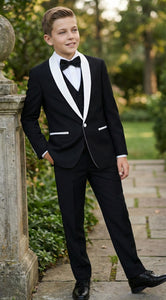 Boys Black Tuxedo Suit with White Shawl Lapel and Bow Tie | Formal Wedding & Prom Outfit Set
