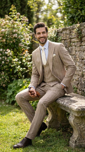 Men's Beige Pinstripe Three-Piece Vested Suit – Tailored Fit  Business Attire in Tan Stripe by Rossiman