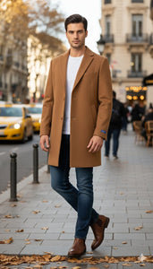 Men’s Camel Brown Wool Top Coat – Classic Long Overcoat for Formal and Casual Wear in rust copper