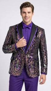Mens Mardi Gra Black and Purple and Gold Sequin Tuxedo Jacket Set – Designer with Floral Pattern Jacket Formal Wedding Party Wear Bowtie