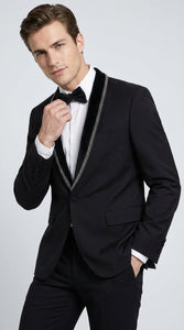 Men’s 1970s Style Black Boot Cut Tuxedo Suit – Shawl Lapel Wedding, Prom and Formal 2-Piece Suit