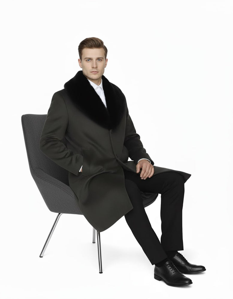Mens Full Length Olive Overcoat with Black Fur Collar – Luxury Wool Fabric Winter Long Coat in Hunter Green