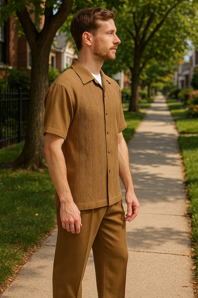 Mens Mocha Brown Short Sleeve Knit Walking Suit – Two-Piece Casual Button Down Set in Taupe Coffee Color