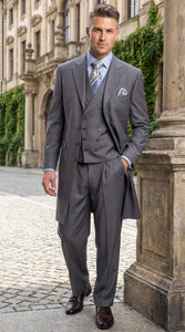 Men’s Grey 4-Button Zoot Suit – Four Buttons 3-Piece Fashion Suit with Double-Breasted Vest and Pleated Pants