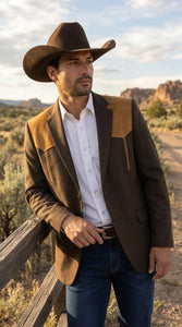 Men’s Chocolate Brown Western Blazer – Cowboy Sport Coat with Tan Suede Yoke for Rodeo & Country Wear