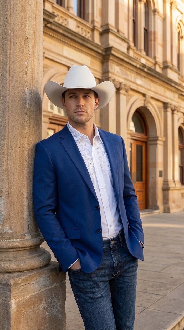 Men’s Dark Royal Blue Western Blazer – Cowboy Sport Coat Jacket with Two-Button Front Saphire Indigo Cobalt Blue