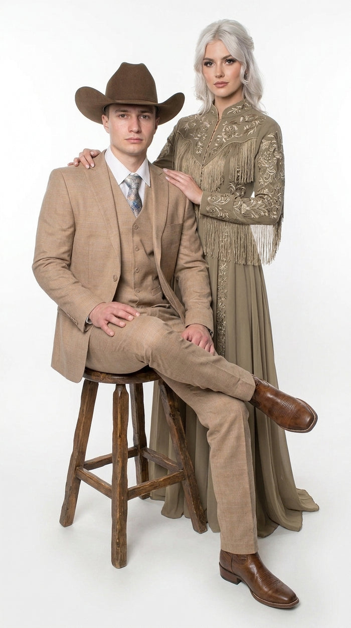 Men’s Khaki Tan Plaid Western Cowboy 3-Piece Suit – Texture Plaid windowpane Blazer, Vest & Pants