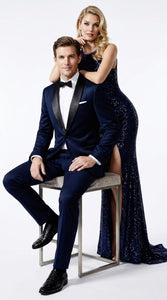 Men’s James Bond Inspired Navy Blue Tuxedo – Black Shawl Lapel Wedding & Prom Suit