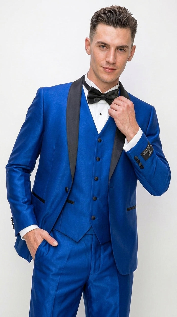 Men’s Shiny Royal Blue 3 Piece Tuxedo – Vested Wedding & Prom Suit with Black Shawl Lapel
