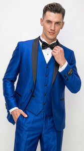 Men’s Shiny Royal Blue 3 Piece Tuxedo – Vested Wedding & Prom Suit with Black Shawl Lapel