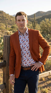 Men’s Rust Cowboy Western Blazer – Copper Brick  Color Two Button Sport Coat Peak Lapel Modern Fit