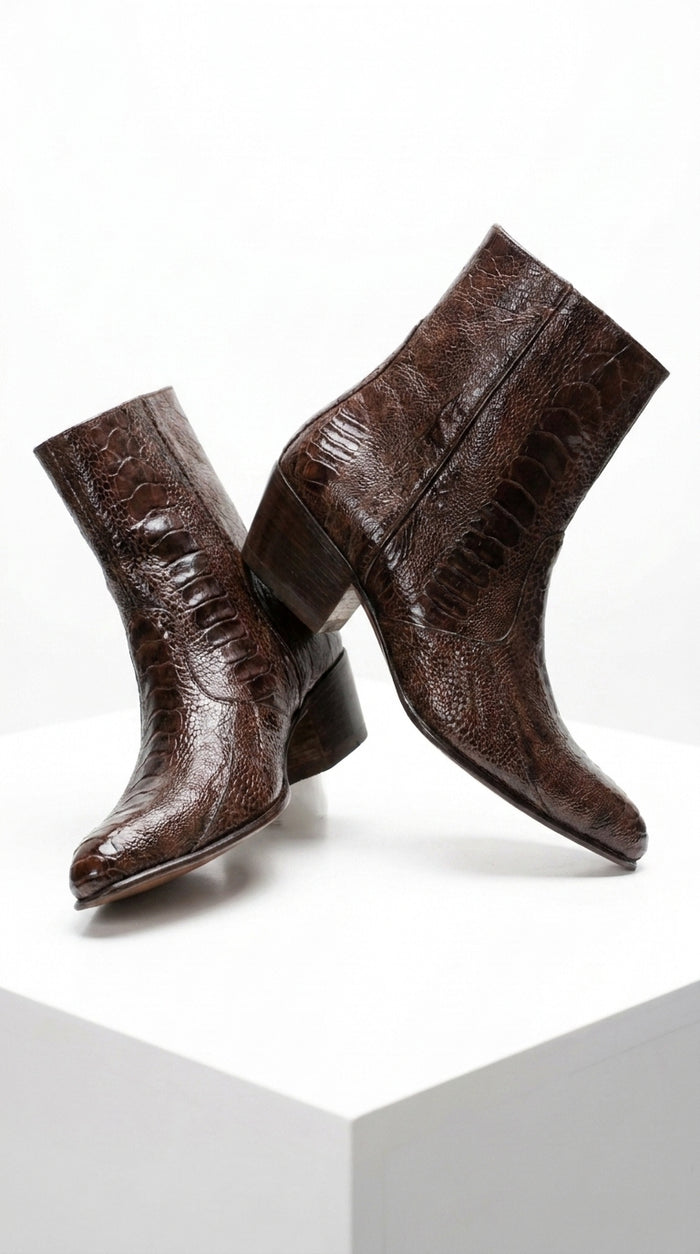 Men’s Brown Cuban Heel Boots – Exotic Ostrich Leg & Ostrich Quill Pointed Toe Dress Boots By Los Altos