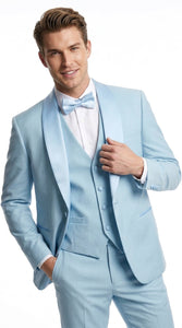 Men’s Powder Blue 3-Piece Tuxedo – Light Blue Wedding & Prom Suit with Vest in Light Blue Sky Color