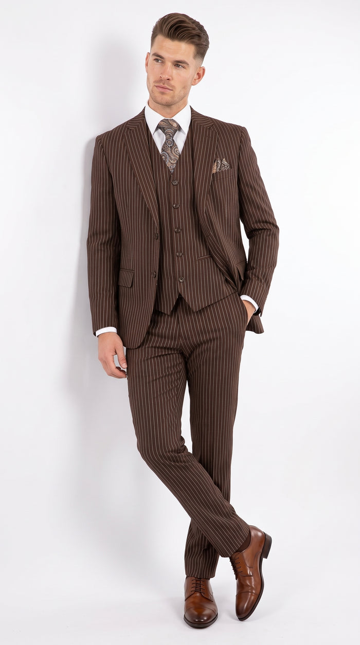 Men’s Brown Pinstripe Edwardian 3 Piece Suit – Vintage Victorian Wedding Suit with Vest