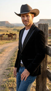 Men’s Black Velvet Western Blazer – Rhinestone Formal Cowboy Sport Jacket Removable Rhinestone Glitter Lapel